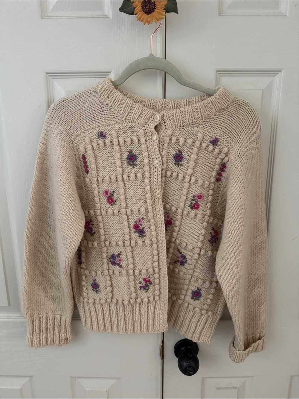 Cream Floral handKnit wool Cardigan Sweater with floral details